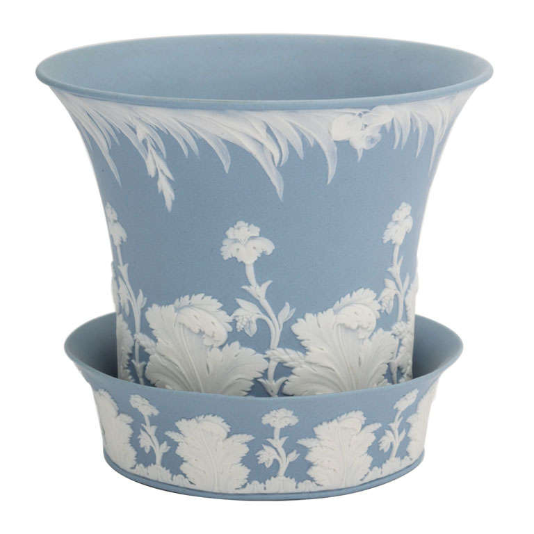 Wedgwood Blue And White Jasper Flower Pot and Underplate For Sale
