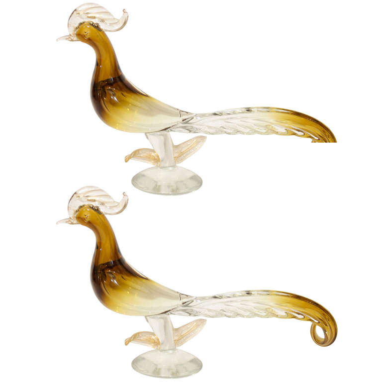Pair of Murano Glass Pheasants For Sale