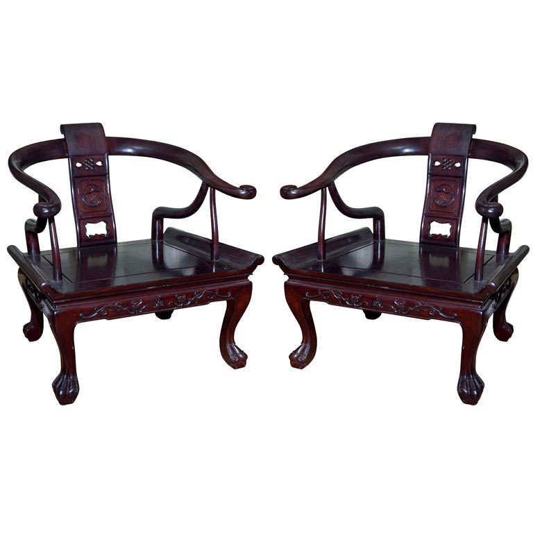Pair Chinese Hardwood Oxbow Arm Chairs For Sale