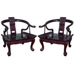 Vintage Pair Chinese Hardwood Oxbow Arm Chairs