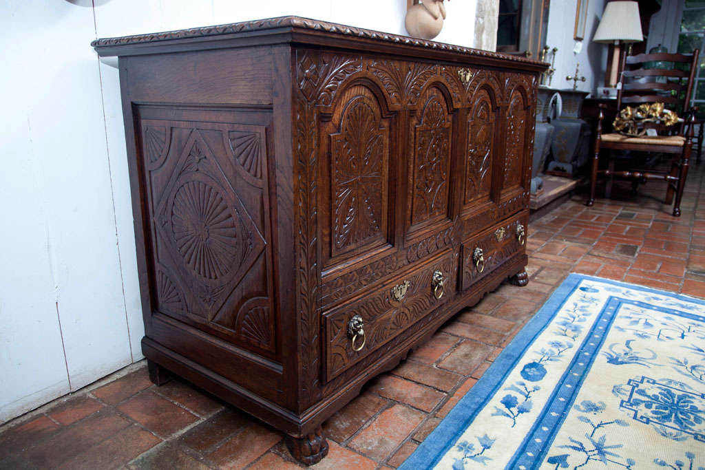 Victorian English Carved Oak Coffer Chest For Sale