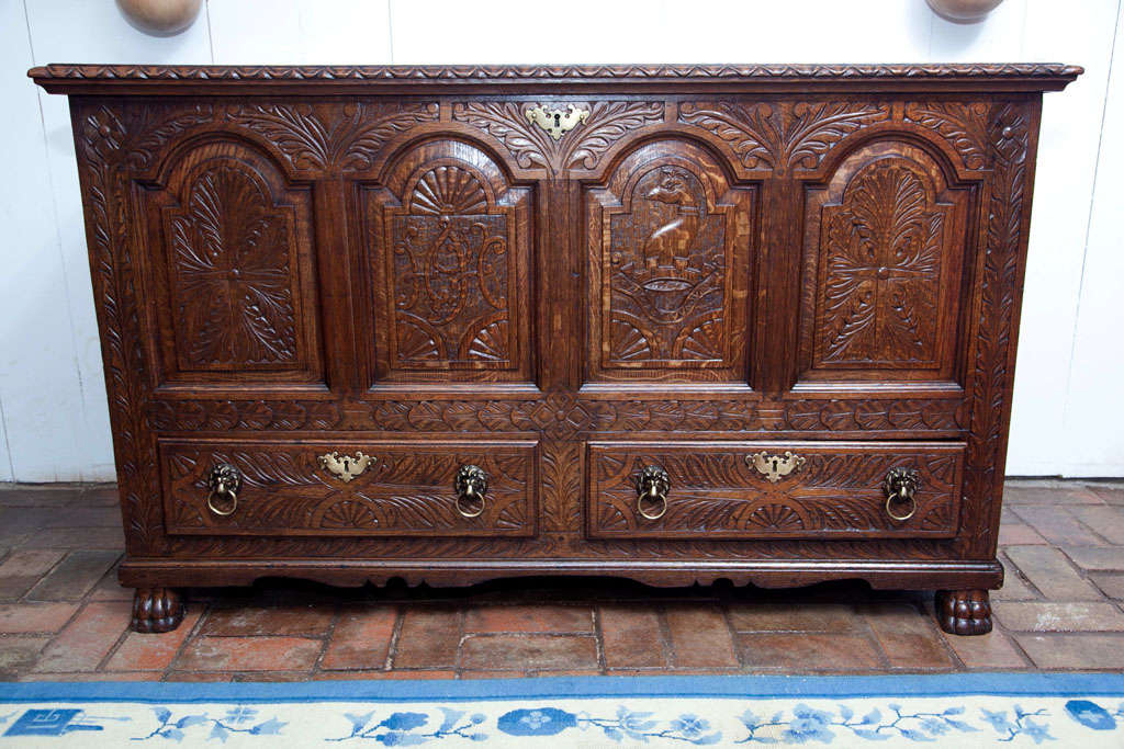 English Carved Oak Coffer Chest In Excellent Condition For Sale In Woodbury, CT