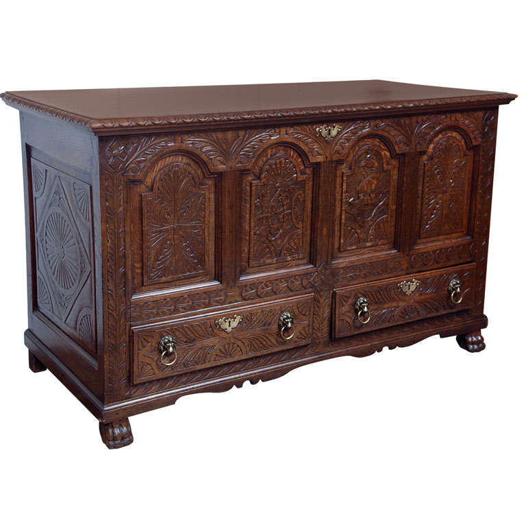 English Carved Oak Coffer Chest For Sale