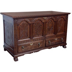 Used English Carved Oak Coffer Chest