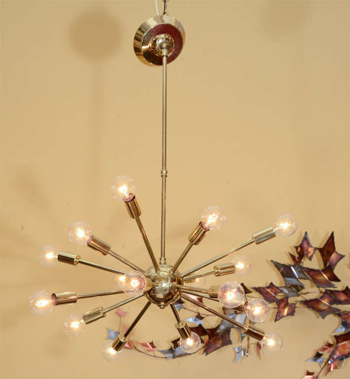 Classic brass Sputnik chandelier with matching rod and canopy. Located at ABC Home, 646.602.3519