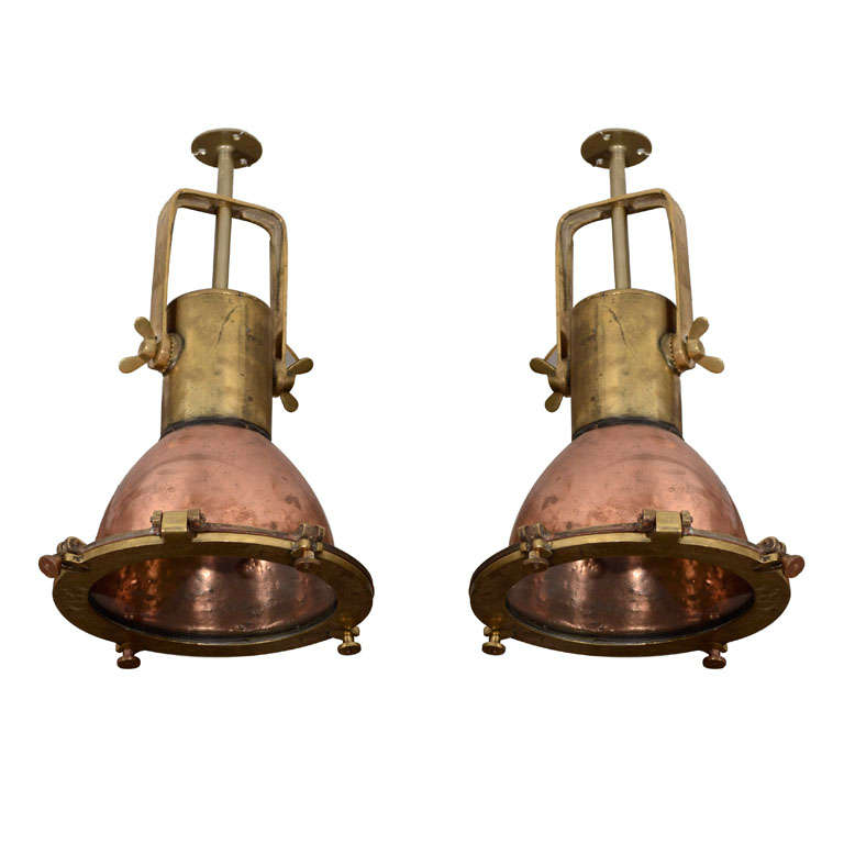 Set of Five Copper and Brass Nautical Pendant Lights