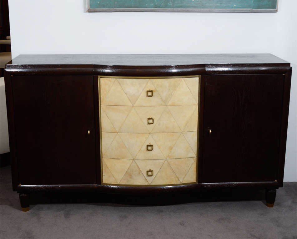 Stained oak cabinet with original parchment drawers and bronze hardware