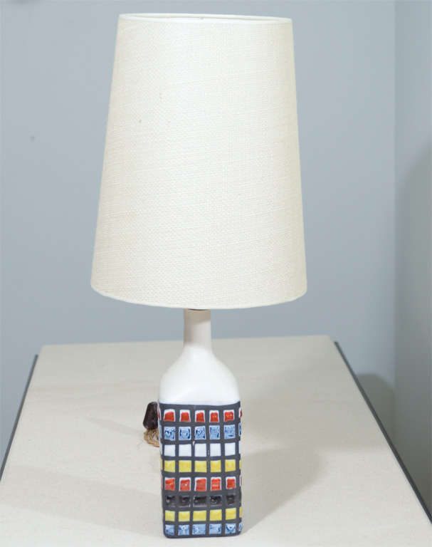 Ceramic lamp by Roger Capron with hand-painted mosaic tiles.