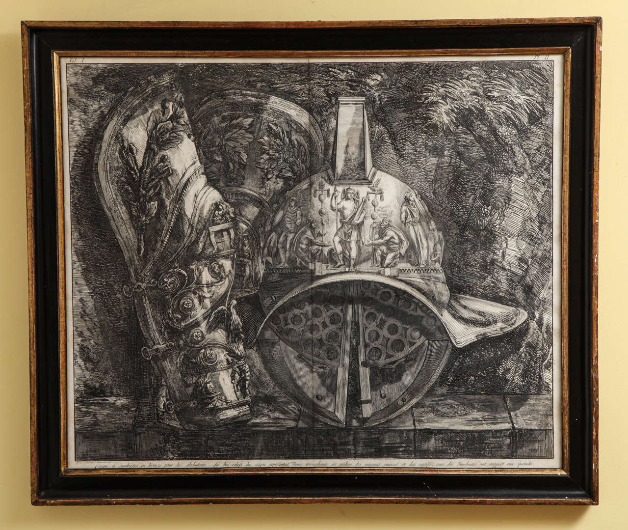 Framed 19th Century Etching of Gladiator Helmet and Leggings by Piranesi