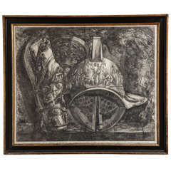 Antique Framed 19th Century Etching of Gladiator Helmet and Leggings by Piranesi