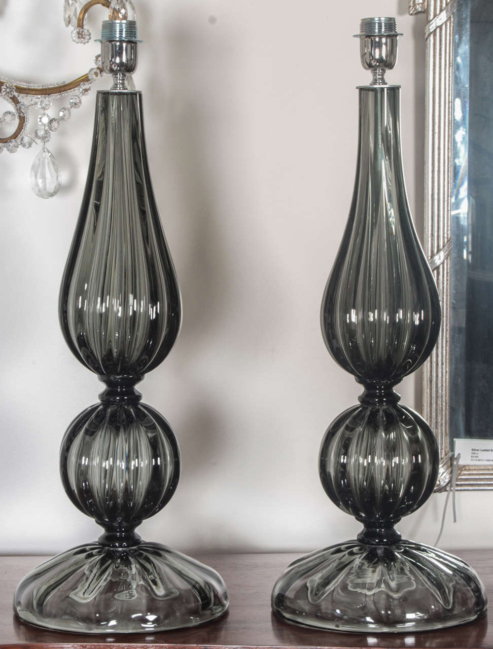Flawless pair of hand blown Murano glass lamps in a smoked, dark gray 
