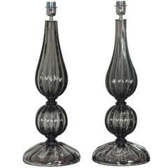 Elegant and Classic Pair of Seguso Style Smoked Murano Glass Lamps