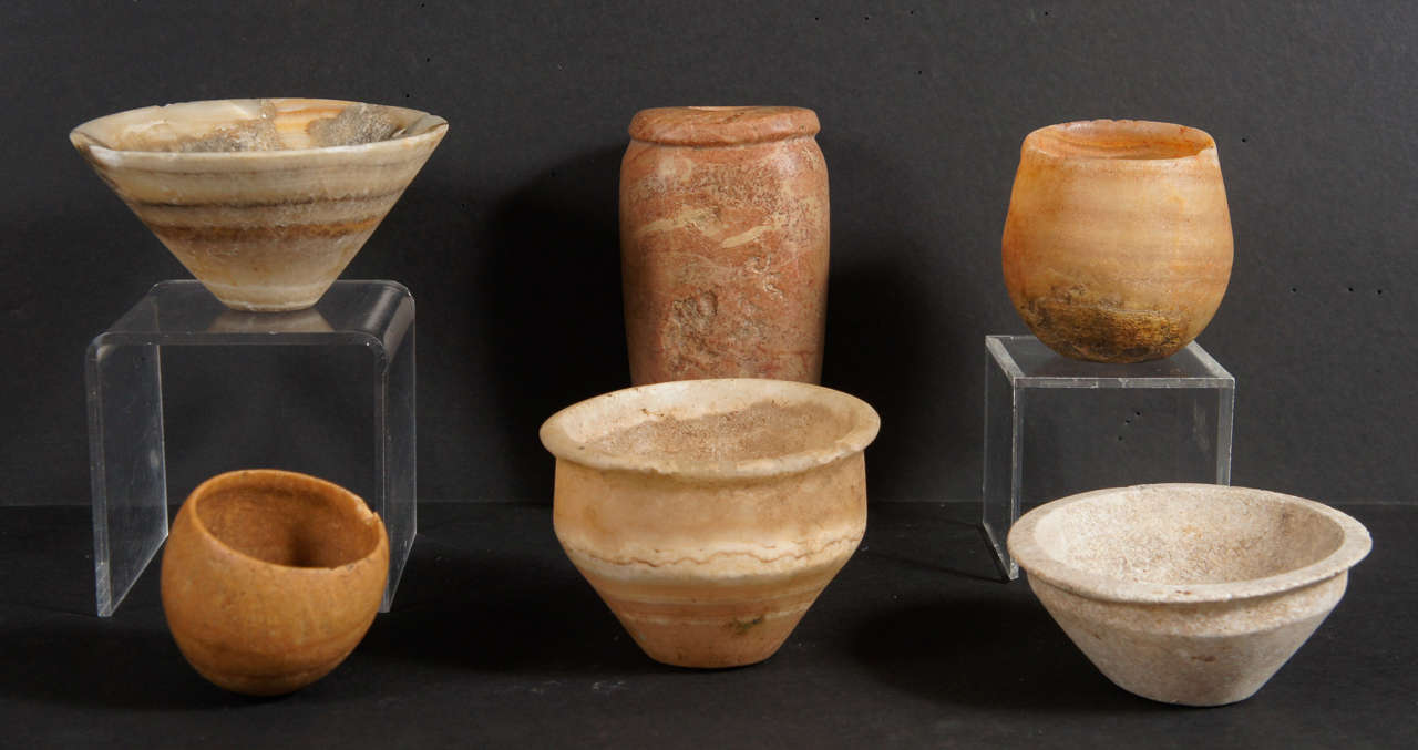This collection was formed by antiqieties dealer Henry Anavian (his gallery is located within the Manhattan art and antiqes center) for a client . Composed of a Mesopotamian lime stone bowl, several banded alabaster Egytian bowls and the rest are