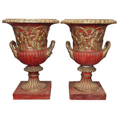 Pair of 19th c. Monumental Gilt and Painted Carved Wood Campagna Urns