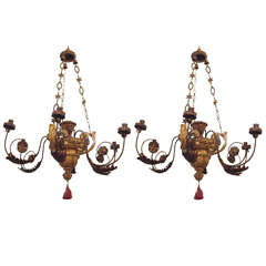 Pair Italian Neo Classical Gilt wood and Iron Chandeliers