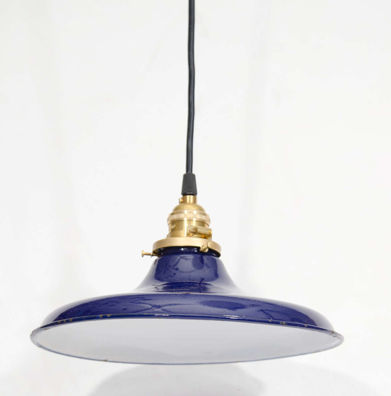 USA flared pendant lights with blue enamel shades. 
Newly wired.
