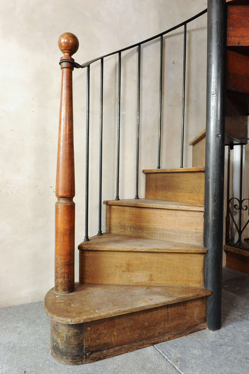 French Antique Oak and Iron Spiral Staircase