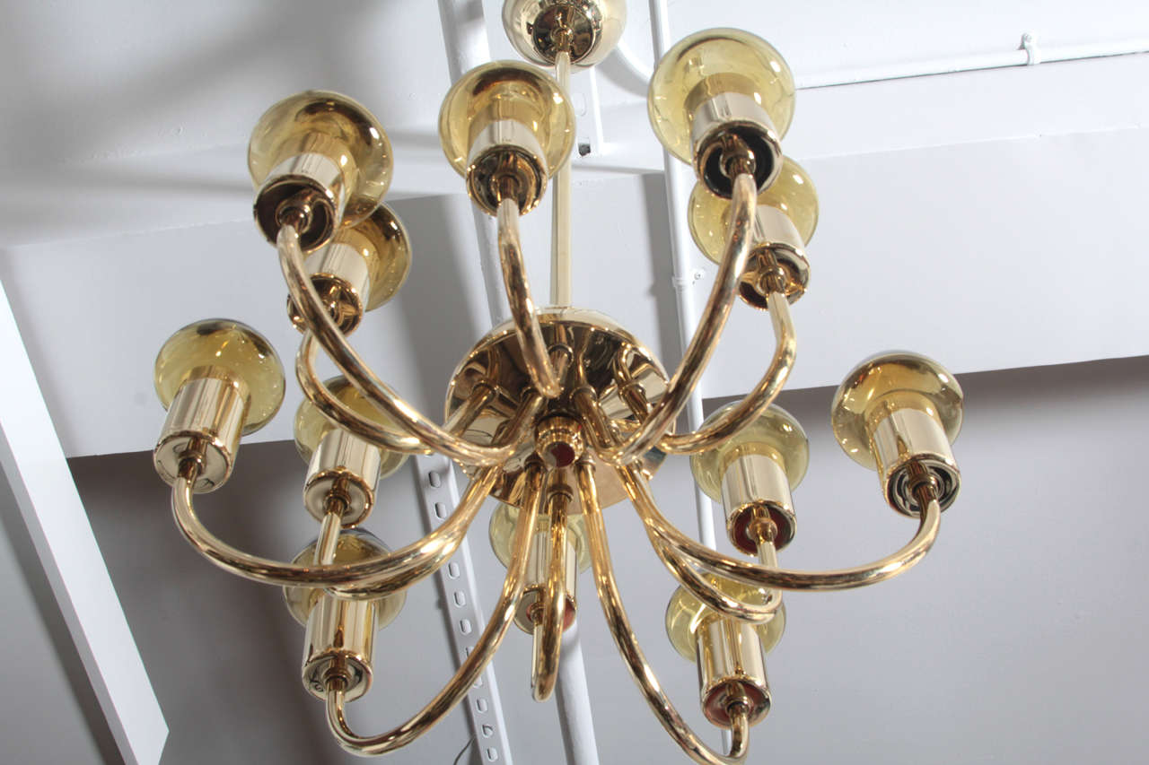 Rare Hans Agne Jakobsson Brass and Amber Glass Chandelier  In Excellent Condition In New York, NY