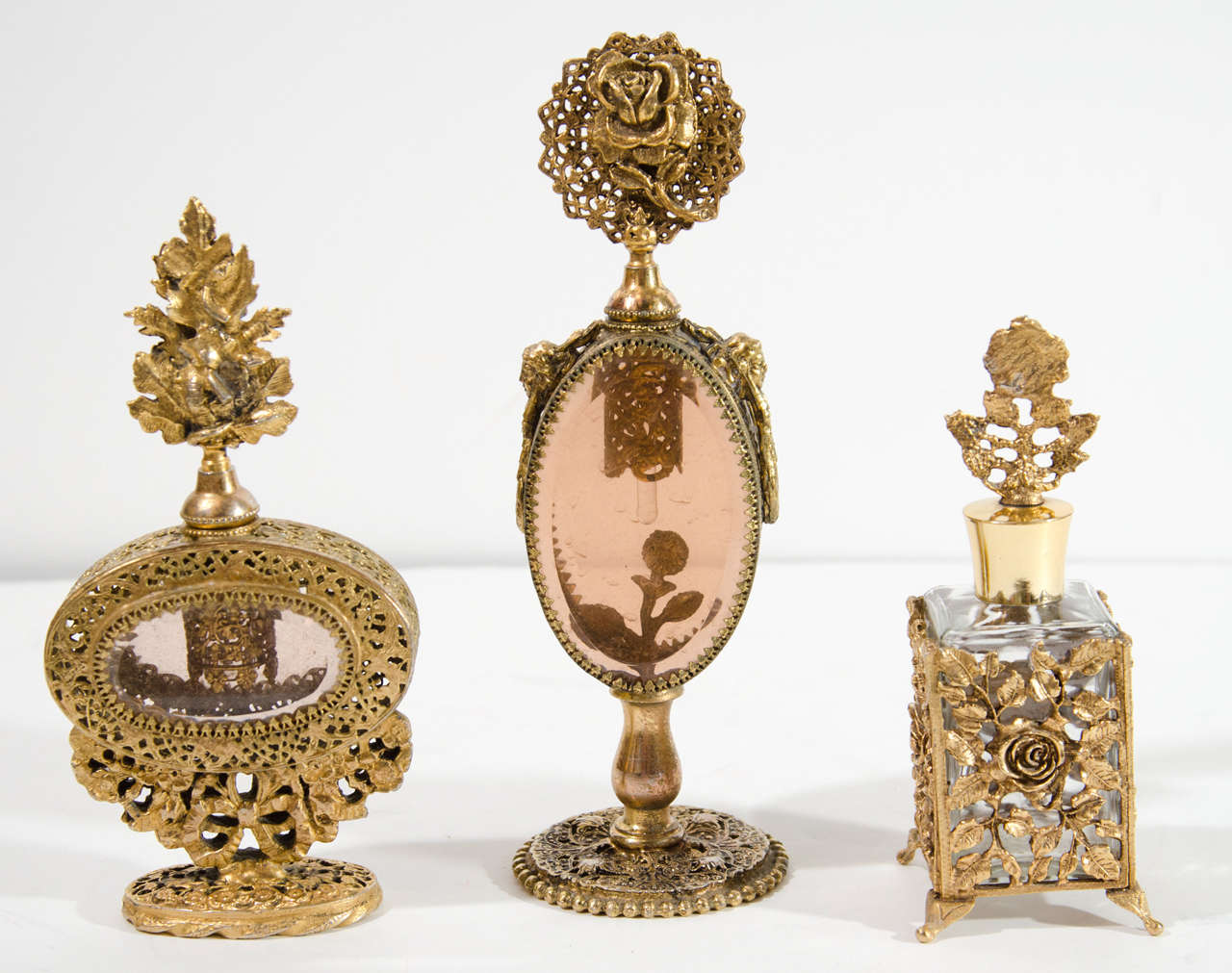 19th Century Collection of French Antique Perfume Bottles in Gilded Brass & Cut Crystal