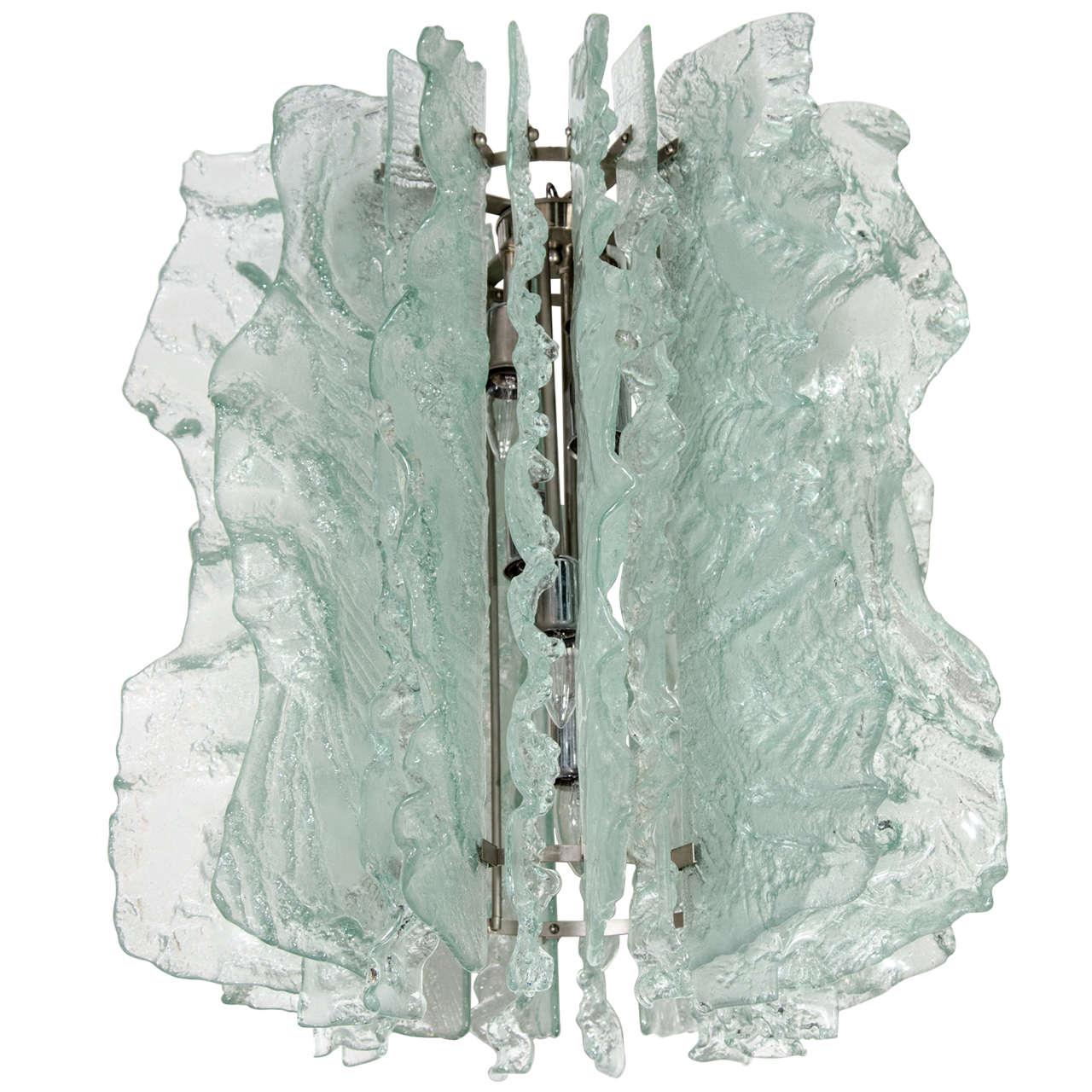 Spectacular Israeli chandelier comprised of handblown relief glass plates. The glass plates are textured and have fossilized leaf prints or formations. There are 24 glass plates, all with individual free-form shapes. They alternate between large