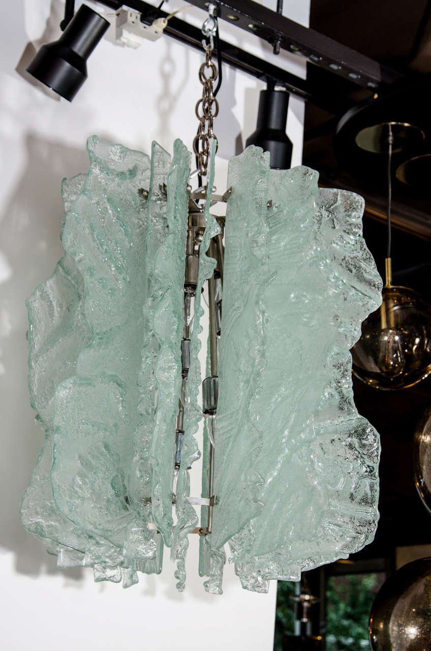 Late 20th Century Mid Century Modern Large Ice Glass Chandelier with Relief Design