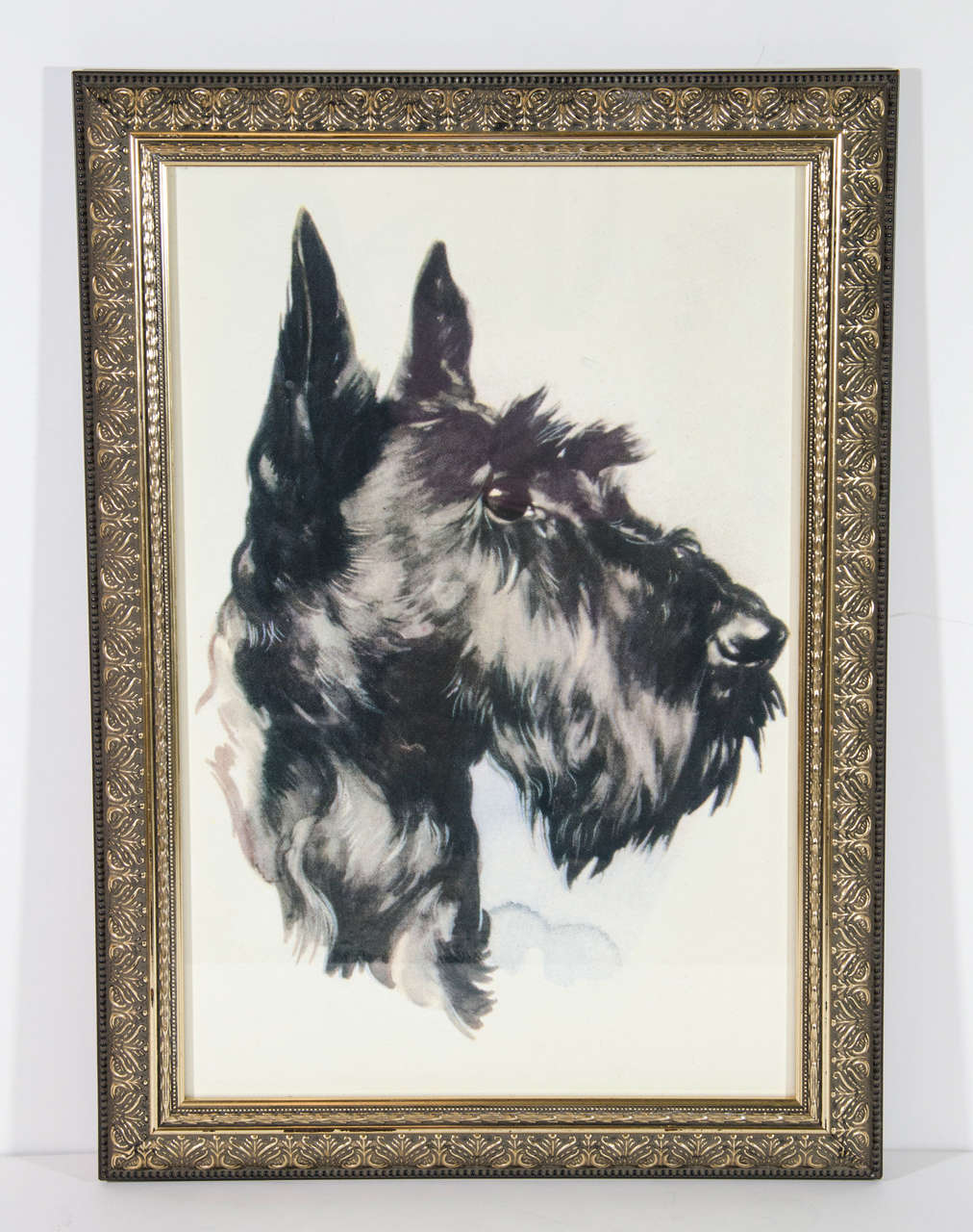 Vintage colored lithograph on paper of Schnauzer dog. Framed in ornate hand carved wood frame with 24K Gold Leaf Details. Perfectly executed sketch in muted hues of black, white, and grey, with a small amount of pale blue and brown details. Great