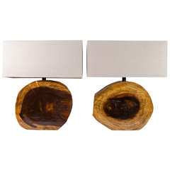 Pair of Organic Cedar Wood Lamps with Rustic Slab Design