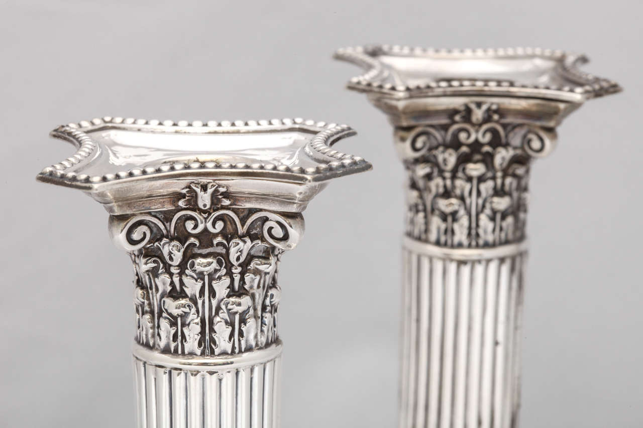 British Pair of Neoclassical Sterling Silver Corinthian Column-Form Candlesticks