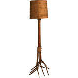 A Country Pitchfork and Woven Rattan Shade Floor Lamp