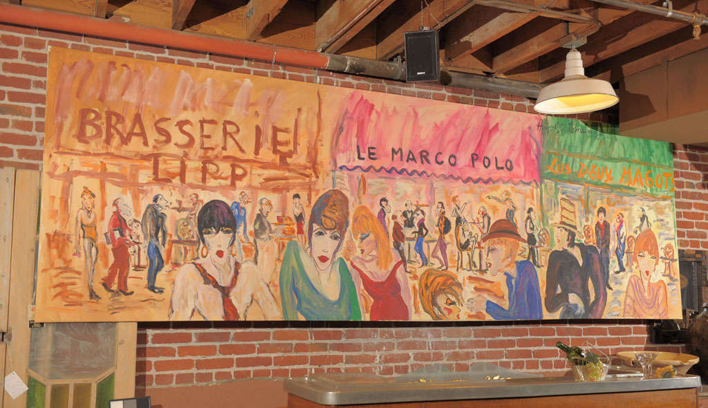 Large painting  ST Germain Brasserie  by HIPPOLYTE ROMAIN.
'Les Deux Magot - Le Marco Polo - Brasserie Lipp'