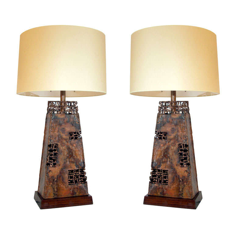  Fantoni Table Lamps Pair Sculptural Mid Century Modern patinated copper
