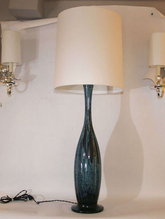 A pair of sculptural glazed ceramic table lamps.
Shades not included