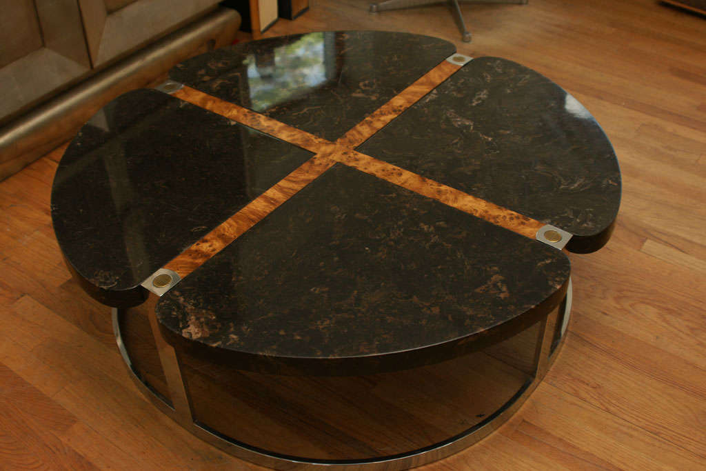 Large Marble/Burlwood/Steel Round Coffee Table In Excellent Condition In Southampton, NY