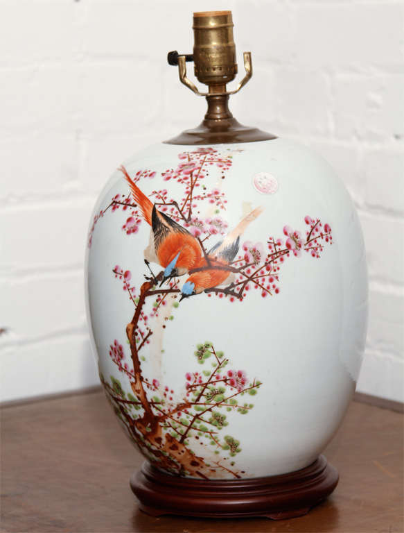 Famille vase lamp, with bird motif. Hand painted.

OFFERED AT THIS 50% OFF PRICE FOR  2015 ONLY!