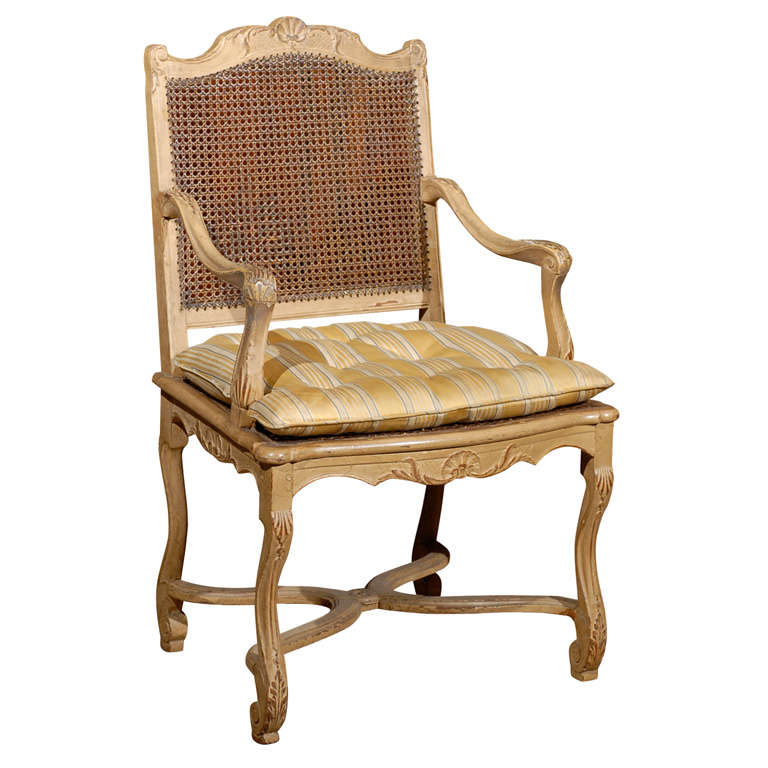 Regence Style Painted & Caned Fauteuil For Sale