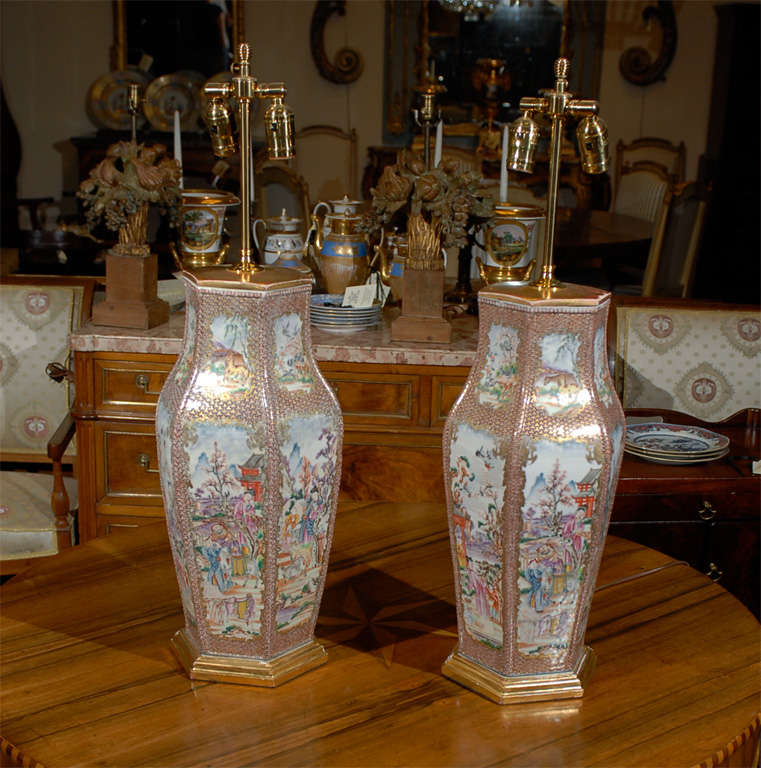 A large pair of exceptional Chinese export mandarin vases, circa 1785 -wired as lamps.