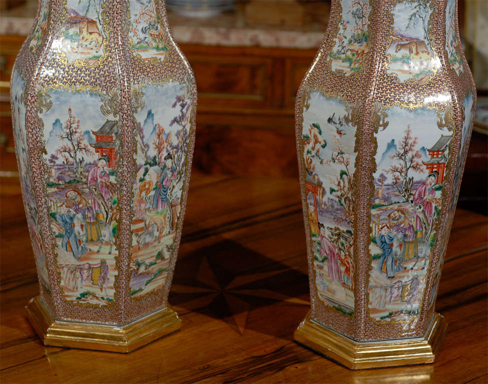 18th Century Large Pair of Exceptional Chinese Export Mandarin Palette Vases