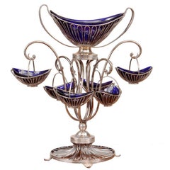 Sheffield Silver Plate Wire and Bristol Glass Epergne Centerpiece
