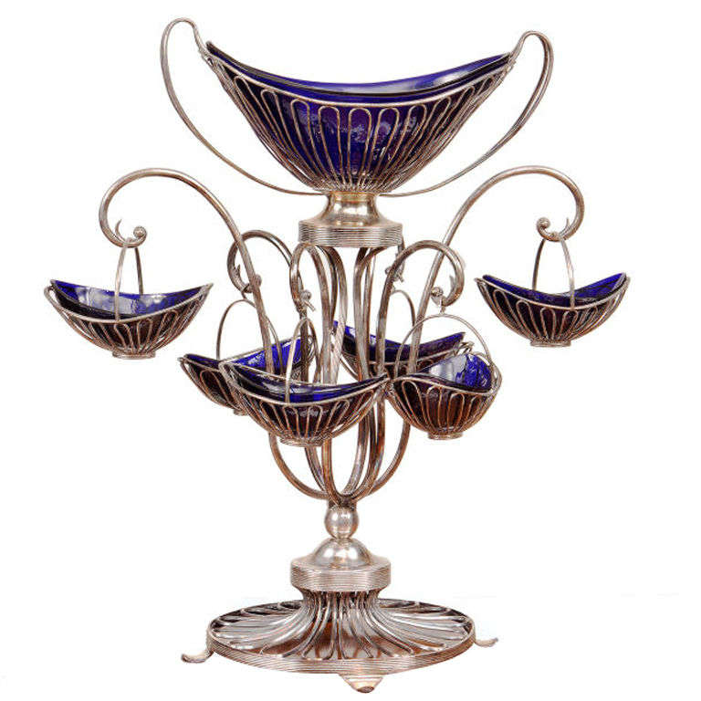 Sheffield Silver Plate Wire and Bristol Glass Epergne Centerpiece For Sale