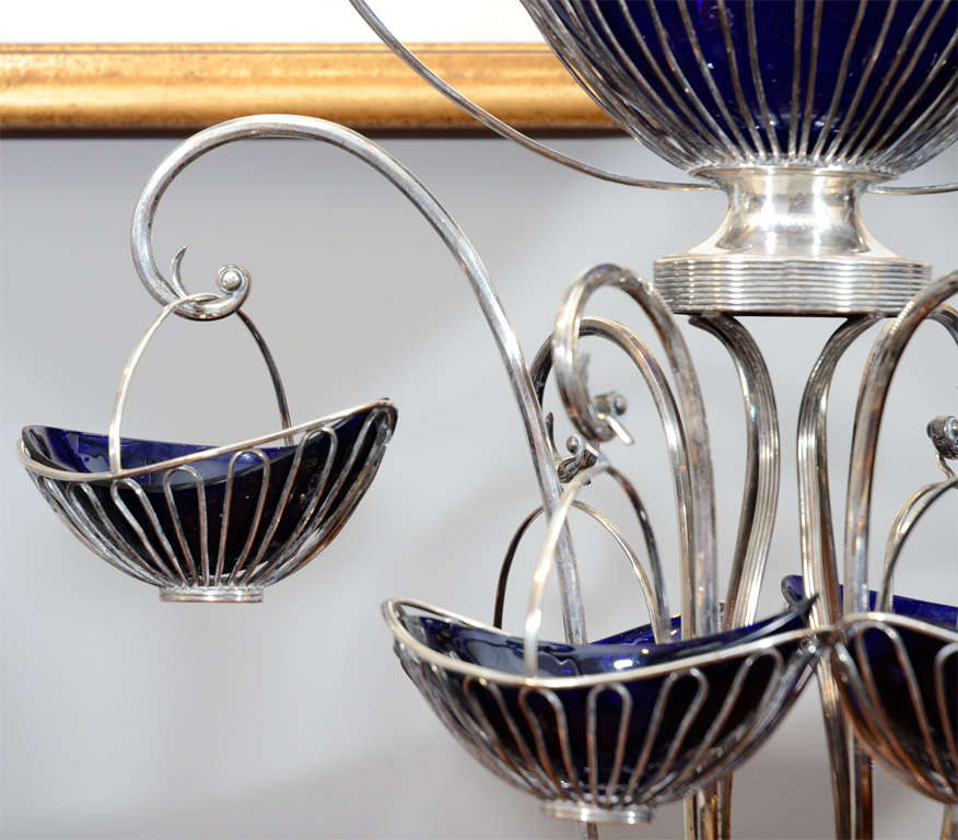 Sheffield Silver Plate Wire and Bristol Glass Epergne Centerpiece In Excellent Condition For Sale In New York, NY