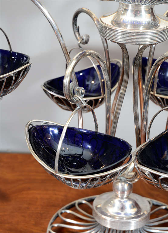 Mid-19th Century Sheffield Silver Plate Wire and Bristol Glass Epergne Centerpiece For Sale