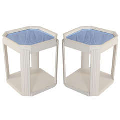 Pr. Art Deco Blue Glass Top White End Tables