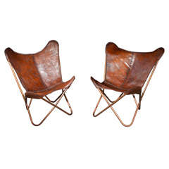 Rare pair of Vintage Butterfy Chairs is Cognac Stiched Leather