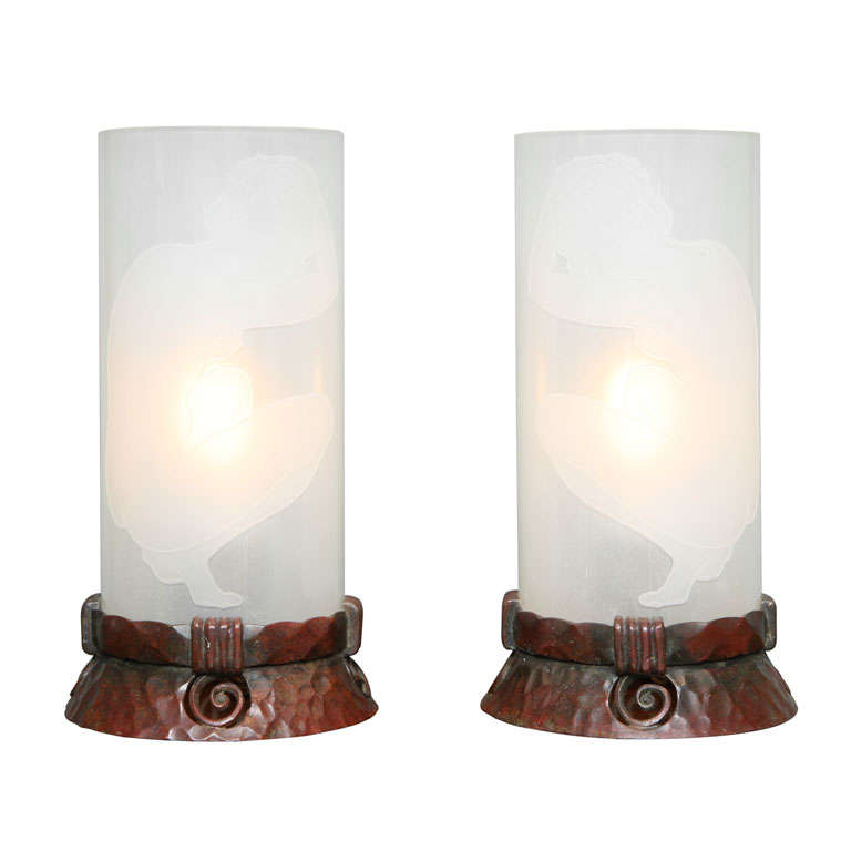 A Pair of Continental Art Nouveau Boudoir Lamps