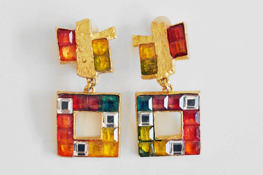 Sculptural drop earrings by the master couturier Christian Lacroix.  His costume jewelry is bold, colorful and innovative in both design and materials. A similarly designed brooch is also available. Signed.