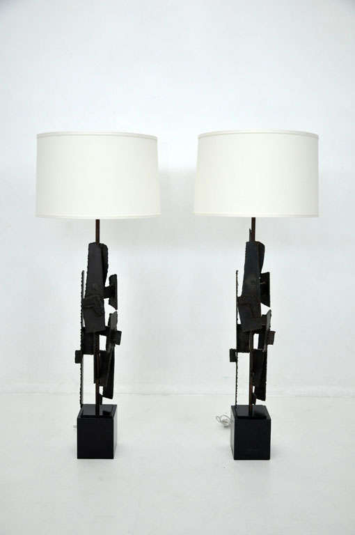 Pair of sculptural lamps by Harry Balmer for Laurel lamp Co. Torch cut Brutalist design similar to works of Paul Evans.