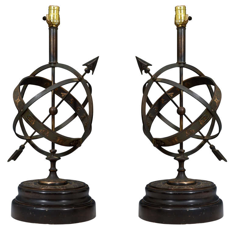 Pair of Mid Century Bronze "Astrology" Lamps with Zodiac Signs