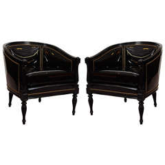 Pair of Mid Century Armchairs in Patent Leather & Lacquered Wood