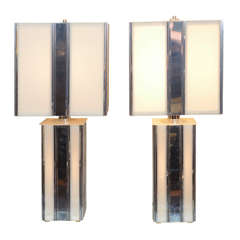 Pair of Mid Century Chrome and Frosted Plexiglass Lamps