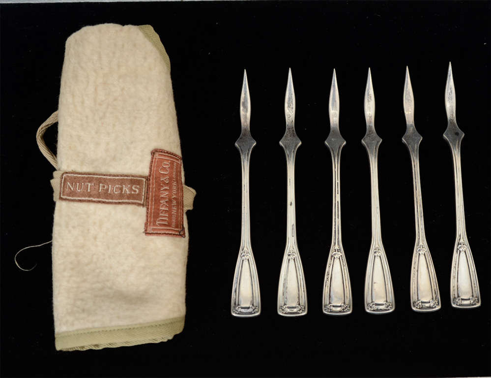 A set of vintage nut or seafood picks in sterling silver by Tiffany & Co. with their original cloth pouch. They are stamped on the back.

Reduced from $1275.00